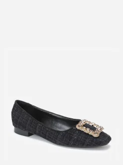 Clearance La Modeuse Ballerines  en tweed avec bride bijou Noir