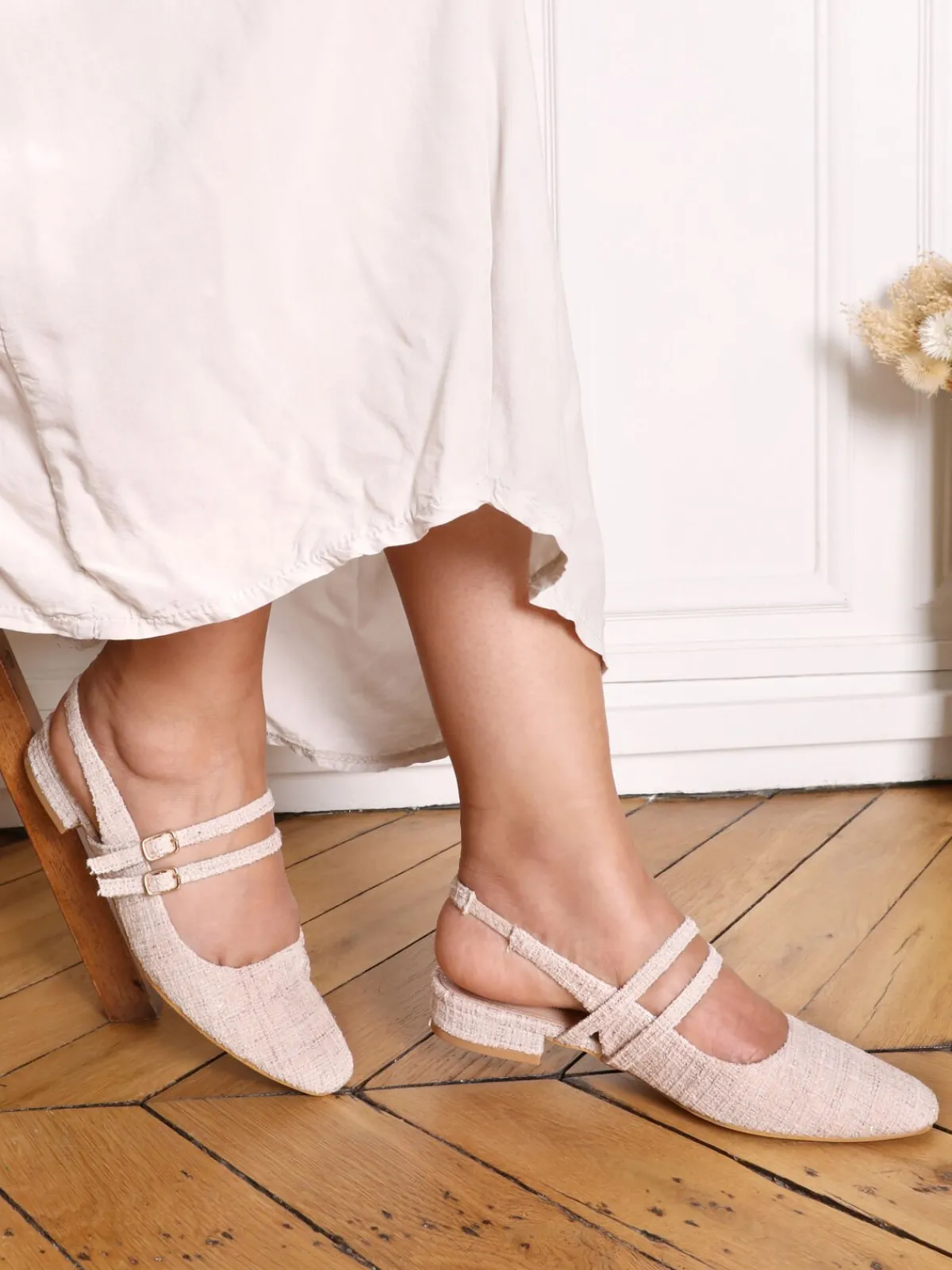 La Modeuse Ballerines slingback multibrides en tweed Nude