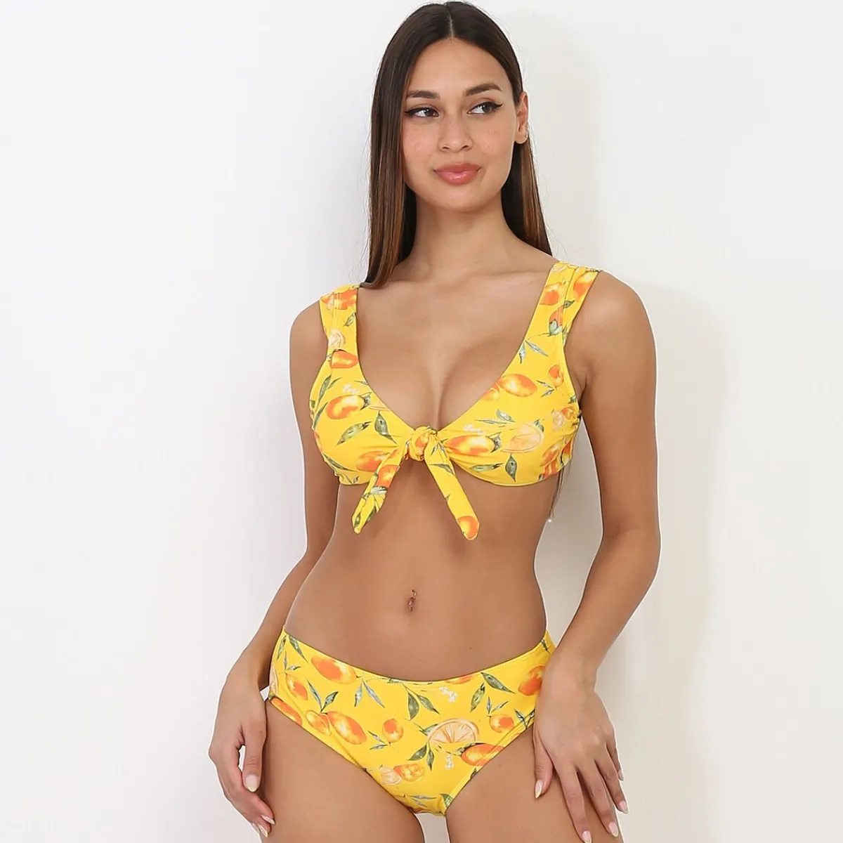 New La Modeuse Bikini à motifs fruits et noeud Jaune