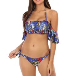 Sale La Modeuse Bikini fleuri    à fronces et volants Bleu