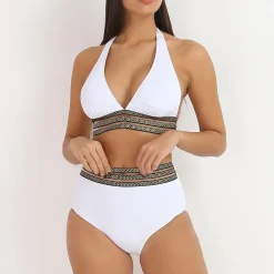 Hot La Modeuse Bikini taille haute à motif Grecque Blanc