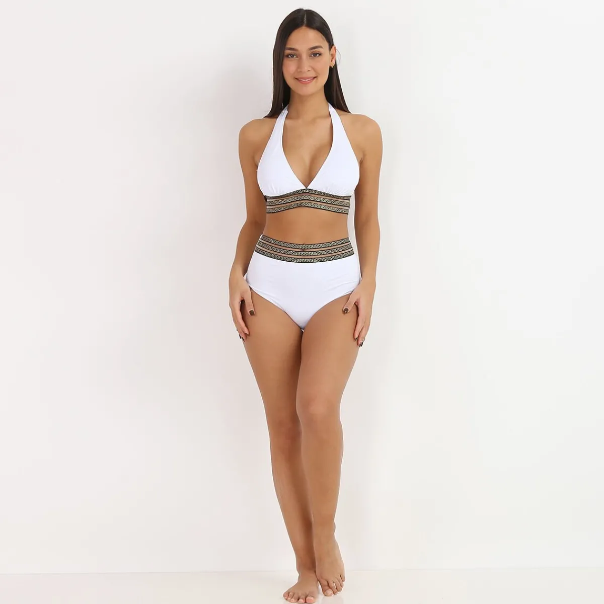 Hot La Modeuse Bikini taille haute à motif Grecque Blanc