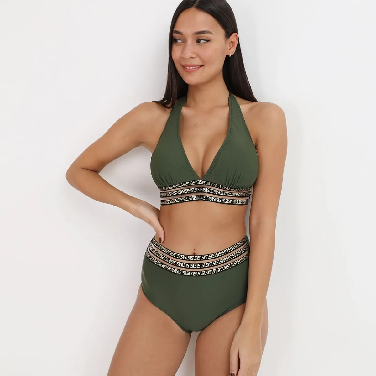 Online La Modeuse Bikini taille haute à motif Grecque Kaki
