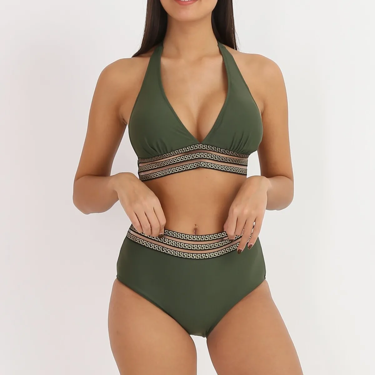 Online La Modeuse Bikini taille haute à motif Grecque Kaki