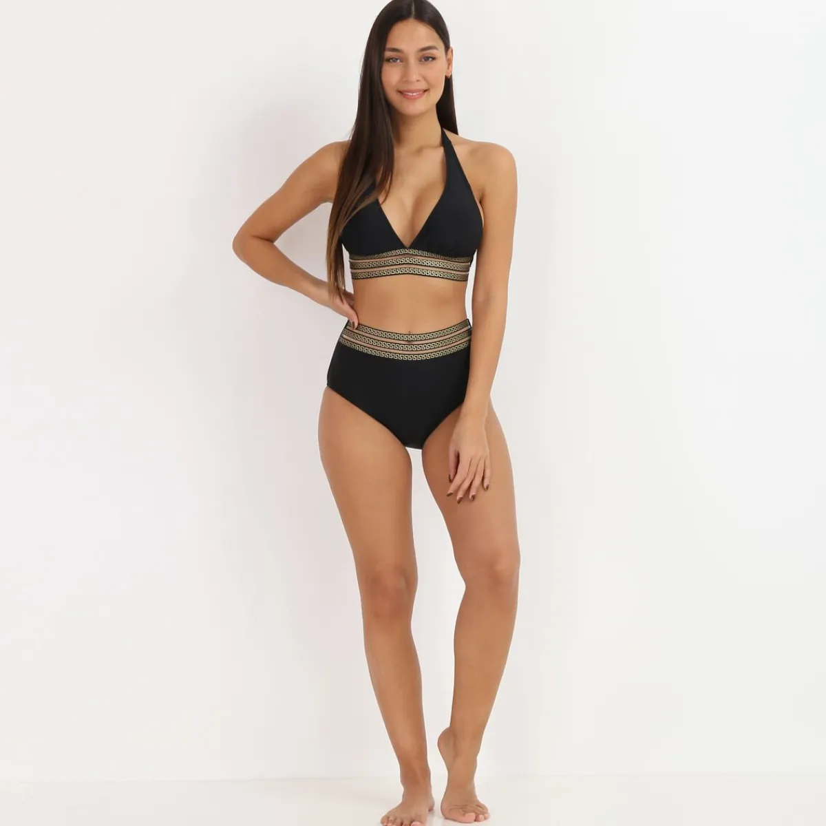 Discount La Modeuse Bikini taille haute à motif Grecque Noir