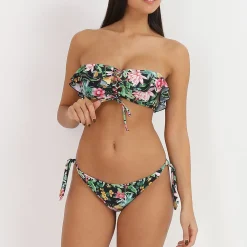 Best La Modeuse Bikini tropical à volants et laçage Noir