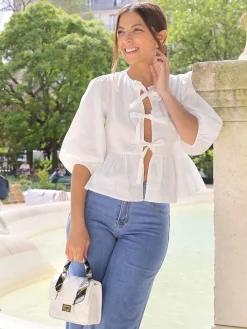 Sale La Modeuse Blouse à n艙uds et manches ballons Blanc