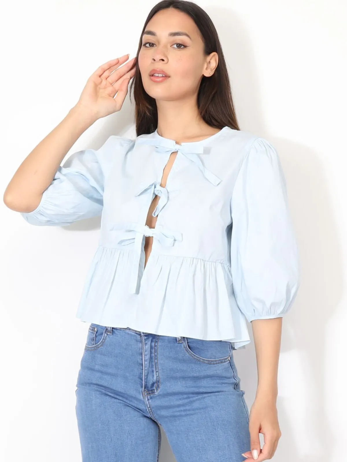 Sale La Modeuse Blouse à n艙uds et manches ballons BleuClair