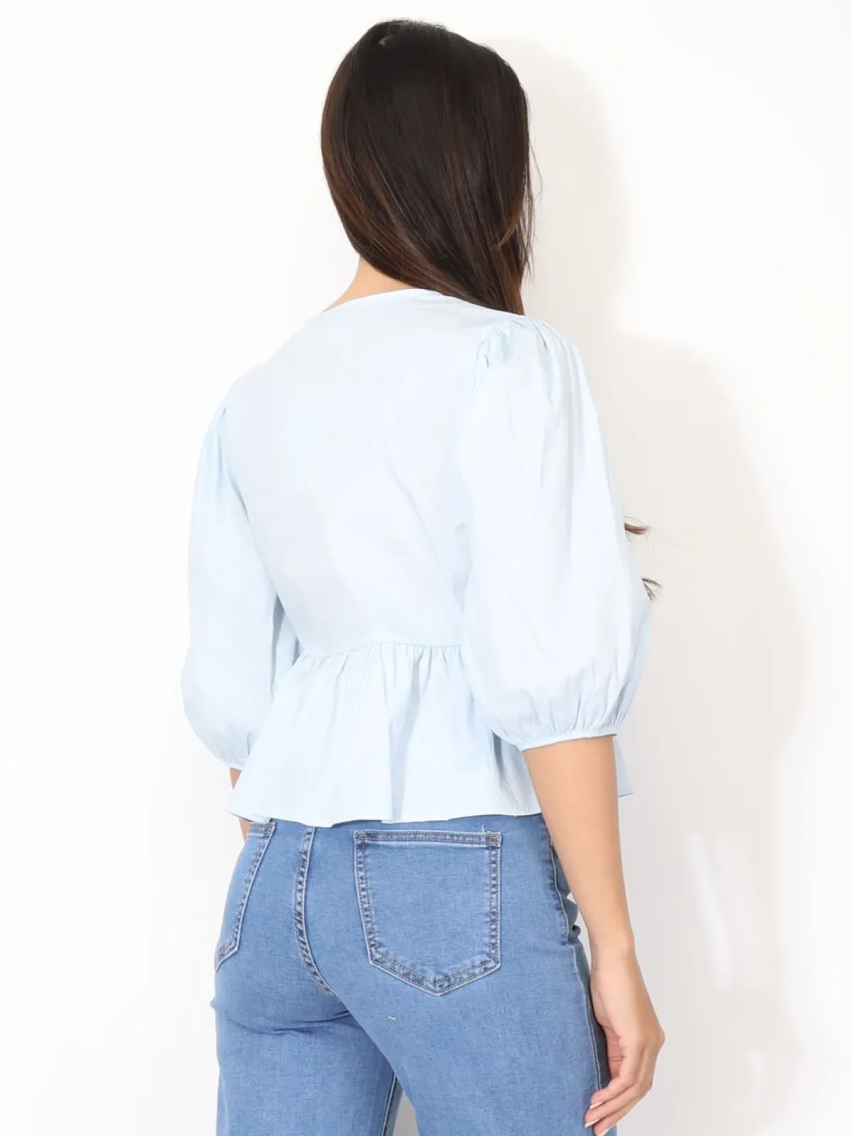 Sale La Modeuse Blouse à n艙uds et manches ballons BleuClair