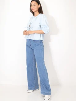 Sale La Modeuse Blouse à n艙uds et manches ballons BleuClair