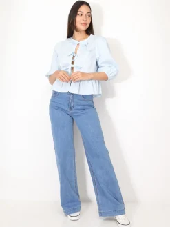 Sale La Modeuse Blouse à n艙uds et manches ballons BleuClair