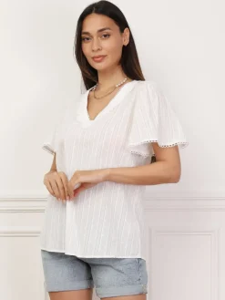 New La Modeuse Blouse à plumetis et manches papillons Blanc