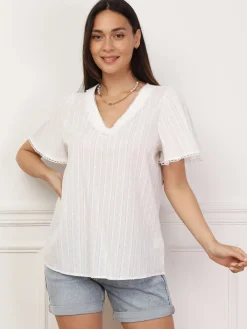 New La Modeuse Blouse à plumetis et manches papillons Blanc