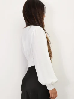 Sale La Modeuse Blouse courte à manches ballons Blanc