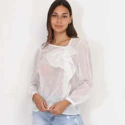New La Modeuse Blouse transparente scintillante à volants Blanc