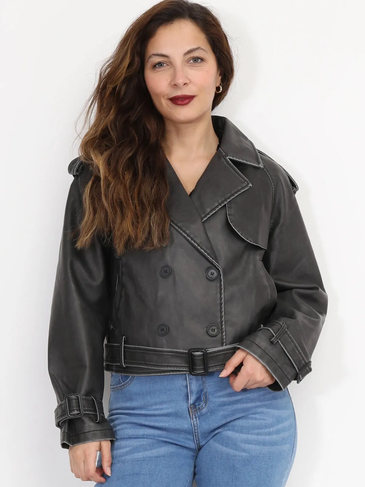 La Modeuse Blouson style trench en simili patiné grisfoncé