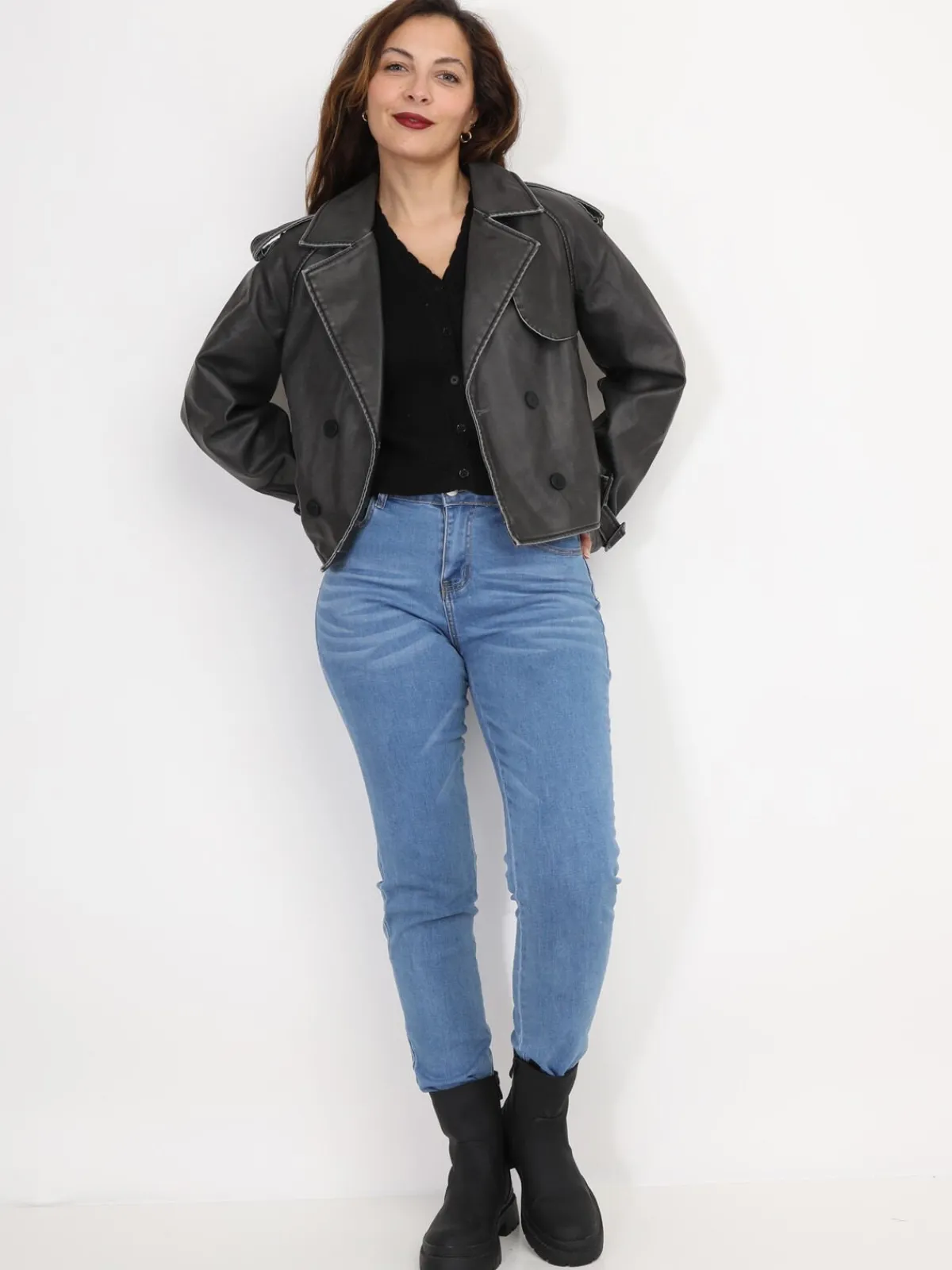 La Modeuse Blouson style trench en simili patiné grisfoncé