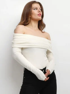 Discount La Modeuse Body à col bardot et fronces Beige