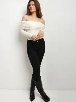 Discount La Modeuse Body à col bardot et fronces Beige