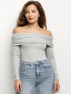 Clearance La Modeuse Body à col bardot et fronces Gris