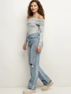 Clearance La Modeuse Body à col bardot et fronces Gris
