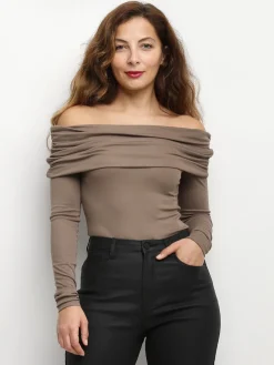 Outlet La Modeuse Body à col bardot et fronces Taupe
