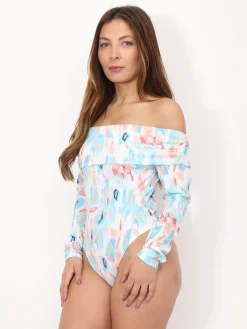 Discount La Modeuse Body à col bardot et motif aquarelle Bleu