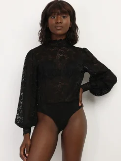 La Modeuse Body en dentelle à manches ballons Noir