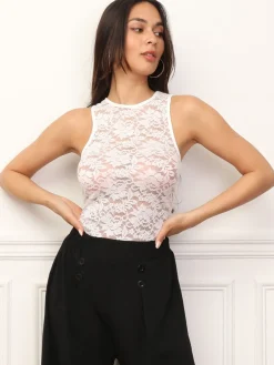La Modeuse Body moulant en dentelle fleurs Blanc