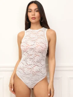 La Modeuse Body moulant en dentelle fleurs Blanc