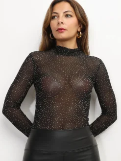 Outlet La Modeuse Body transparent à strass Noir