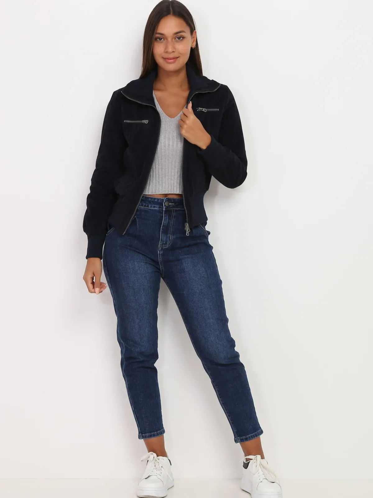 Hot La Modeuse Bomber en suédine à poches zippées BleuMarine