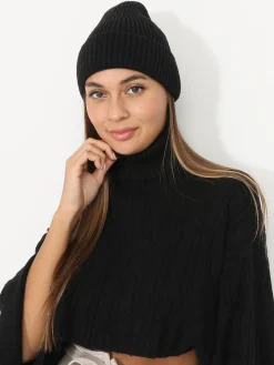 Clearance La Modeuse Bonnet maille côtelée à revers Noir