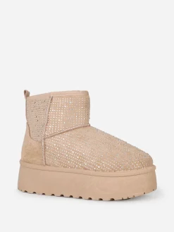Sale La Modeuse Boots fourrées à strass et plateforme Taupe