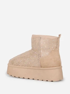 Sale La Modeuse Boots fourrées à strass et plateforme Taupe
