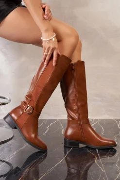 Outlet La Modeuse Bottes à empiècement élastique et boucle Camel