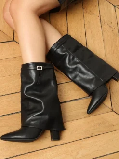 Discount La Modeuse Bottes à revers et boucle strass Noir