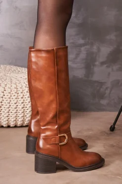 Discount La Modeuse Bottes à talon et boucle dorée Camel