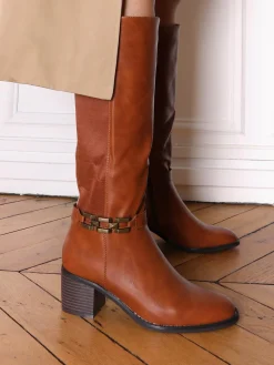 Clearance La Modeuse Bottes cavalière à talon et bride métallique Camel
