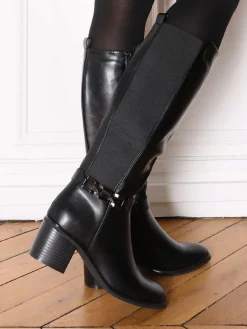 Clearance La Modeuse Bottes cavalière à talon et bride métallique Noir