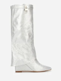 Hot La Modeuse Bottes compensées à revers et strass Argenté