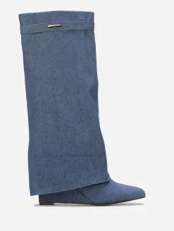 Online La Modeuse Bottes compensées trompe-l'oeil en denim Bleu