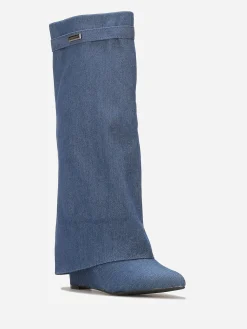 Online La Modeuse Bottes compensées trompe-l'oeil en denim Bleu
