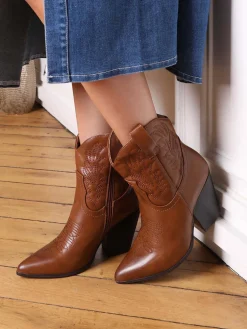 Outlet La Modeuse Bottines santiags avec surpiqûres Camel
