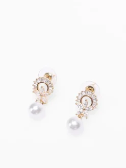 Discount La Modeuse Boucles d'oreilles pendantes à perles et strass Doré