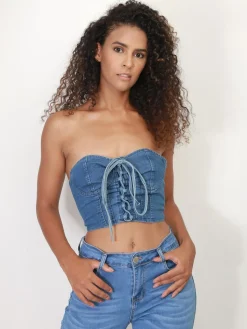 Sale La Modeuse Bustier corset en jeans à lanières Bleu
