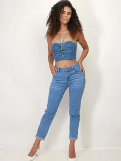 Sale La Modeuse Bustier corset en jeans à lanières Bleu