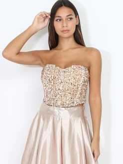 Best La Modeuse Bustier en velours brodé de sequins Beige