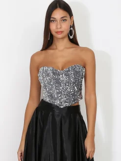 Discount La Modeuse Bustier en velours brodé de sequins Argenté