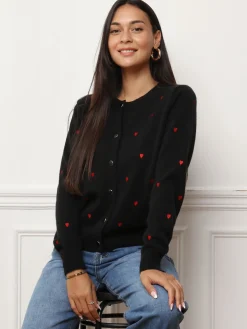 Sale La Modeuse Cardigan à petits c艙urs brodés Noir